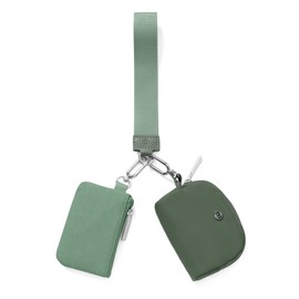 Dual Pouch Wristlet Wallet for Women, Mini Zip Around Design, Detachable Keychain, Coin Purse (Dark Green + Light Green)