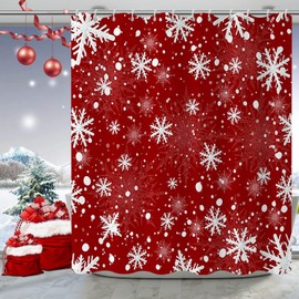Caheansi Christmas Shower Curtain, Red Xmas Snowflake White Background Winter New Year Holiday Bathroom Curtain Waterproof Fabric Machine Washable with Hooks, 72" Wx72 L