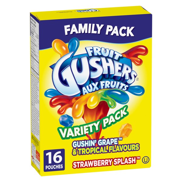 BETTY CROCKER FRUIT GUSHERS - FAMILY PACK - Gushin Grape and Tropical Flavours/Strawberry Splash Fruit Flavoured Snacks, 16 Pouches