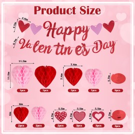 28 Pcs Valentines Day Decoration Kit Glitter Happy Valentines Day Banner with 11 Pcs Foil Swirls 8 Heart Pendant, 8 Hanging Red Pink Heart Honeycombs, Valentine Party Supplies