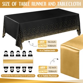 Breling 8 Pack Black and Gold Disposable Plastic Tablecloths and Satin Table Runner Set, 54 x 108 Inch Tablecloth, 12 x 108 Inch Table Runners for Wedding Graduation Birthday Baby Shower New Year