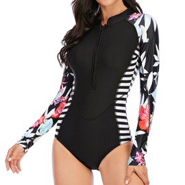 Women Wetsuit Long Sleeve Sun Protection Front Zip Black Diving Suit for Swimming Surfing Black XXL