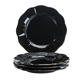 Gracie China Porcelain Black Gold Scallop Set of 4 Salad/Dessert Plates 8-Inch