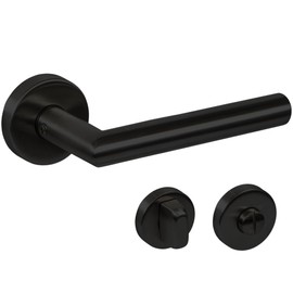 Gedotec Door Handle Set Matte Black [Toilet Bathroom] 1 x Door Fittings Round Rosette I Door Handles Interior Doors L Shape I Door Handle for Door Thickness 35 - 47 mm Door Fitting with Mounting