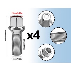 ZoeTekway Set of 4 wheel bolts, ball collar wheel bolts, wheel nuts, M14 x 1.5 x 27 mm, silver, stainless steel, hexagon, wheel bolt set