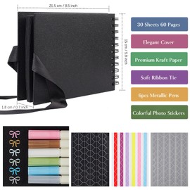 60 Pages Small Scrapbook Album with 6 Metallic Markers, 8.5 x 5.9 Inches Black Paper Photo Album for Wedding Anniversary, Family DIY Scrapbook Accessories