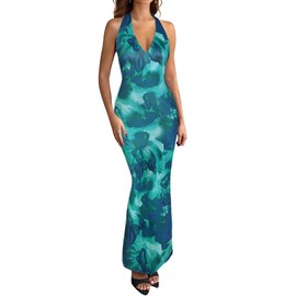 Women's Halter Bodycon Maxi Dress Summer Floral Print Sleeveless Tie Back Party Cocktail Wedding Guest Long Dresses