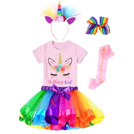Doctor Unicorn Birthday Girls Unicorn Costume Outfit Rainbow Tutu, Unicorn T-shirt, Satin Sash, Hair Bow & Headband Rainbow/Pink Flower Shirt, 6-7 Years