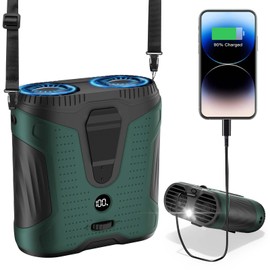 Junuaak Portable Waist Fan,Shirt Wearable Belt Personal Fan with stepless adjustable speed setting,Dual-Sided Clip on for 10000mAh,including Flashlight,Travel Essential for Outdoor Camping