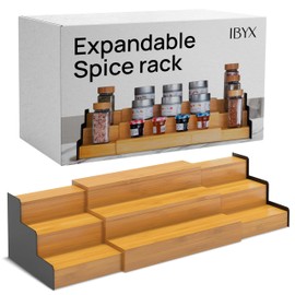Ibyx Premium 3-Tier Spice Rack Organizer for Cabinet - Expandable Bamboo Spice Storage - Non-Skid Countertop Step Spice Shelf - Great for Kitchen Cabinet, Countertop, Cupboard, Pantry (Natural)