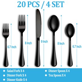 20 Pcs Black Silverware Set, Stainless Steel Flatware Set Service for 4, Mirror Polished Cutlery Utensil Set, Durable Home Kitchen Eating Tableware Set, Include Fork Knife Spoon Set, Dishwasher Safe