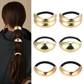 6PCS Metal Hair Tie, Gold Hair Cuffs, Ponytail Cuff with Elastic Ties, 3 Styles Metal Geometric Hair-Bands for Girls and Women, Hair-Accessories for Thick, Thin, Curly and Straight Hairs