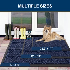 Smiry Front Door Mat Outside Entrance, Heavy Duty Sturdy Natural Rubber Doormat, Trap Dirt and Moisture, Easy Clean Low Profile Mats for Indoor Outdoor Entry, Grid Geometric (29.5x17, Navy Blue)