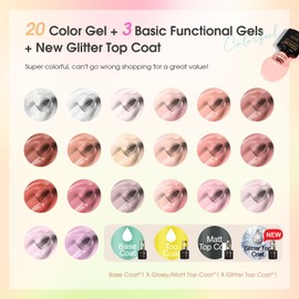 ROSALIND 24pcs Jelly Gel Polish Set, 20 Colors Neutral Pink Nude Sheer White Color Soak Off UV Gel Set with Base Glossy Matte Glitter Top Coat DIY Manicure Gifts
