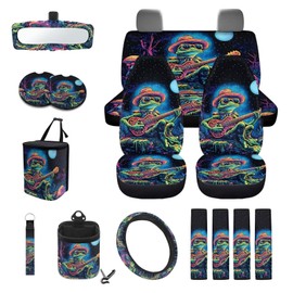 Wetoricau Frog Mushroom Pattern Car Seat Cover Sets Steering Wheel Cover Trash Bin Air Vent Pouch Seat Belt Pad Keychain Coaster Rearview Mirror Cover, Pack of 15