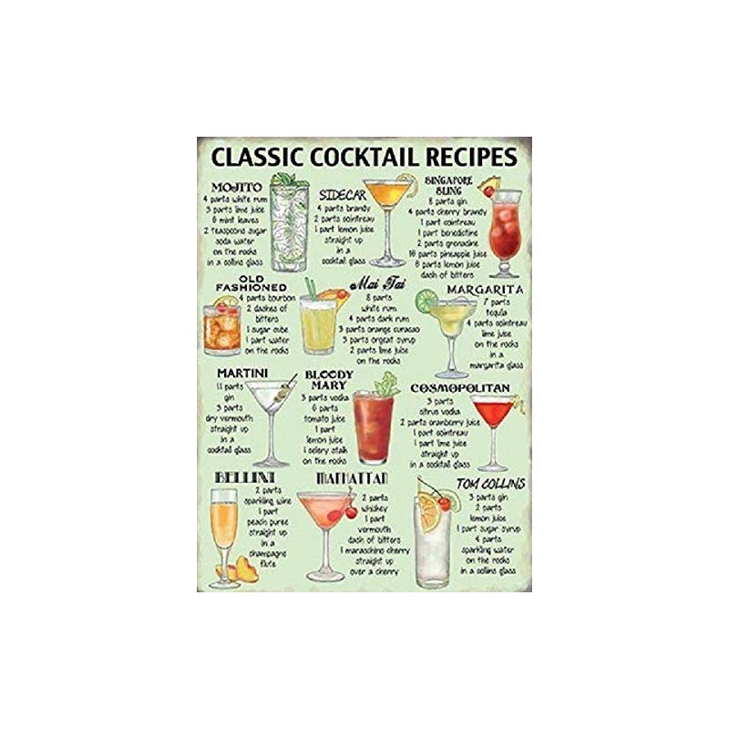 Classic Cocktail Recipes - Kitchen Pub, Retro Vintage Metal Tin