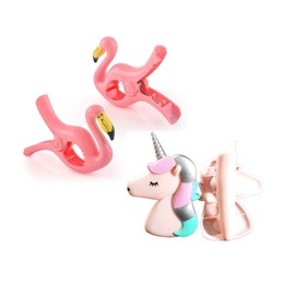 2 Set (4 Ct) Pink Flamingo / Pink Unicorn Beach Towel Clips Jumbo Size for Beach Chair, Cruise Beach Patio, Pool Accessories for Chairs, Household Clip, Baby Stroller