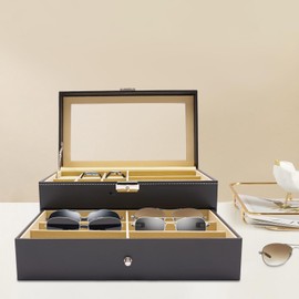 TFCFL Black Leather Watch Box Jewelry Case and Eyeglasses Storage and Sunglass Glasses Display Drawer Lockable Case Organizer (6 Watch Box Jewelry Case and 9 Piece Eyeglasses Storage)
