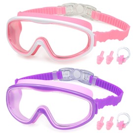 KAILIMENG 2 Pack Kids Swim Goggles, Clear Wide View No-Leak Anti-Fog UV Protection Swimming Glasses with Nose Clip Earplugs for Toddlers Youth Child 3-15 Years Old (Pink & Purple, 2 Pack)