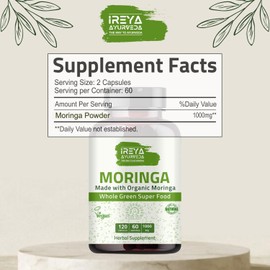 Moringa Capsule 1000 mg (120 Capsules), Moringa Powder Capsules Made from Organic Moringa Leaf Powder | Non-GMO Whole Green Super Food Nutrition 60 Days Supply