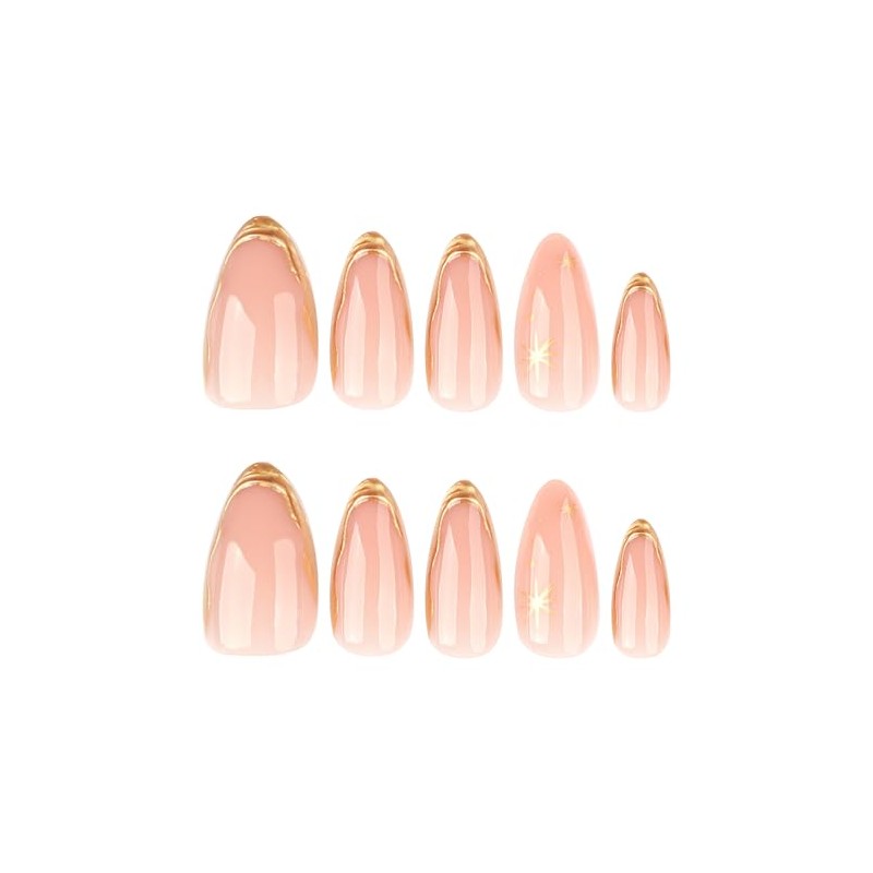 Uñas Postizas Francesas Doradas, Almendradas Medianas, Con Diseños 3D, Brillantes,