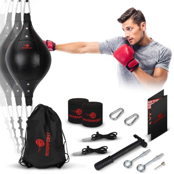 Double End Bag Boxing Ball- Leather Speed Bag- Punching Bag with Adjustable Upgraded Cords, Carry Bag, Pump- Stress Relief Boxing Accessories Ideas for Him and Her, Stocking Stuffers