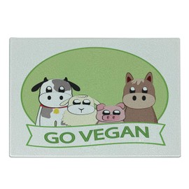Ambesonne Vegan Cutting Board, Sweet Cartoon Style Farm Animals and the Go Vegan Slogan on a Green Colored Circle, Decorative Tempered Glass Cutting and Serving Board, Small Size, Multicolor
