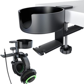 NODOCA Desk Cup Holder, 3.3 inches Diameter Cup Holder with 2 Space Saving Hangers for Headset/Bag/Hat, 360 Degree Rotation Desk Drink Holder, Headphone Hanger for Office, Home(Black)