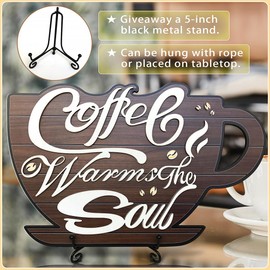 Wooden 3D Coffee Wall Sign - Rustic Café Decor for Coffee Bars Home Kitchens & Office Pantry | Bar Accessories and Countertop Décor with Hanging Rope & Desktop Stand