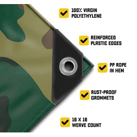 Core Tarps Extreme Heavy Duty 20 Mil Tarp Cover, Waterproof, UV Resistant, Rip and Tear Proof, Poly Tarpaulin with Reinforced Edges for Roof, Camping, Patio, Pool, Boat (Camouflage/Green 20′ X 20′)