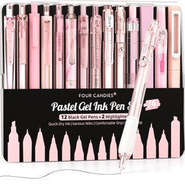 Four Candies 14Pack Pastel Gel Ink Pen Set,Cute Retractable 0.5mm Fine Point Pen,Note Taking Aesthetic Pens,12 Pack Black Ink Pens with 2Pack Highlighter, Smooth Writing Pens for School, Office (Pink)