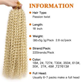 7 Packs Passion Twists Hair 18 Inch Blonde Water Wave Crochet Hair For Butterfly Locs 22 Strands Crochet Braids Hair Synthetic Braiding Hair Extension For Black Women (18 Inch,613#)