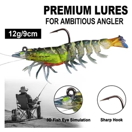 Ryvera Fishing Lures for Bass, Pack of 3 Pre-Fired Soft Shrimp Baits for Zander & Bass, Fishing Lures with VMC Hooks, Rubber Fish Jigs, Fishing Lures for Saltwater and Freshwater, Gifts for Men