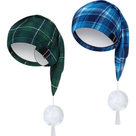 Janmercy 2 Pcs Sleeping Cap for Men Adjustable Sleep Cap Men Buffalo Plaid Night Hat with Ball Tassel for Winter Christmas(Black Green, Blue Green)