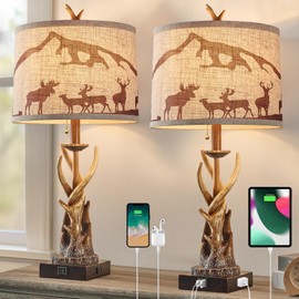 BOWOBO Antler Table Lamps Set of 2 for Bedroom, Farmhouse Rustic Antler Deer Bedside Lamps with USB A+C Ports for Living Room End Table Hunting Themed Cabin Lamp Pull Chain Linen