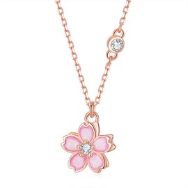 Belons Women's Necklace 925 Sterling Silver Cubic Zirconia Enamel Rotating Cherry Blossom Pendant Necklace Rose Gold Chain with Pendant for Girls Children, Sterling Silver, Cubic Zirconia, Enamel,