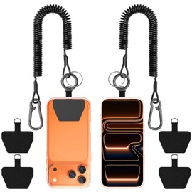 MoKo Curl Cord Strap, Set of 2 (2025 New Development), Smartphone Hand Strap, Elastic, Telescopic, Mounting Plates, Set of 4, Sash, Wrist, For Going Out, All Models, Clips, Loss/Theft/Fall Prevention, Shopping/Commuting/Fishing/Camping/Hiking, Black