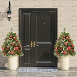 HiBean 2 Pack Outdoor Christmas Tree Urn Filler Small, 30 Inch Pre-lit Artificial Xmas Tree w/ 50 LED Lights and Realistic Carolina Pine for Pathway, Porch, Driveway, Yard (Red)