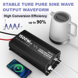 Power Inverter 1500 Watt Pure Sine Wave Inverter 12V DC to 110V 120V AC Built-in UL Fuses Compatible with Lithium Battery for Home RVs Truck Off-Grid Solar Power with 15FT Battery Level Monitor Remote