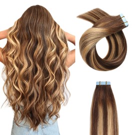 YILITE Tape in Hair Extensions Human Hair 24inch 20pcs 50g Balayage Dark Brown to Caramel Blonde, #P4-27-T4 Balayage Chocolate Brown to Caramel Blonde