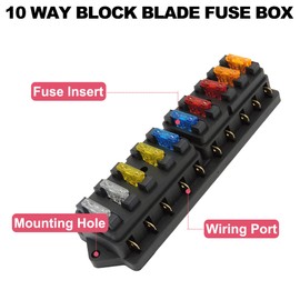 HISports 10 Way Waterproof Fuse Holder Box, Blade Fuse Box - with Vehicles with Fuses (5A, 10A, 15A, 20A, 25A) Fuse Box with Clamps and Moisture-proof Cover