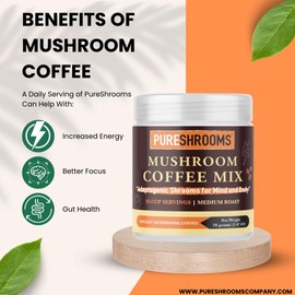 PureShrooms Instant Mushroom Coffee | Organic Lion's Mane, Reishi, Cordyceps | Medium Roast, 100% Arabica Beans - Made in North America (35 Servings - Net Wt.70g)