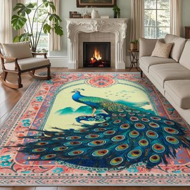 FLYRUGGO 8x10 Peacock Area Rugs for Bedroom, Modern Cute Animal Washable Indoor Rug for Living Room, Soft Large Non-Slip Carpet Floor Mat for Kids Nursery Playroom Home Office - Pink Peacock