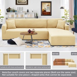 XINEAGE Sectional Couch Covers High Stretch 2 Pieces L Shape Sofa Cover with 2pcs Pillowcases Corner Couch slipcovers Chaise Cover with Elastic Bottom (3 Seats + 3 Seats, Beige)
