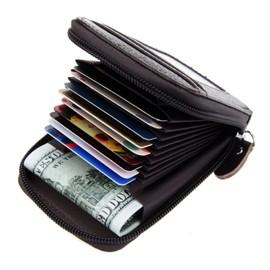 DEEZOMO RFID Blocking Genuine Leather Mini Credit Card Case Organizer Compact Wallet with ID Window - Coffee