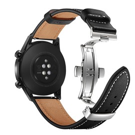 JBR Top Grain Leather Butterfly Unfolding Button Buckle Replacement Watch Band-Men's and Women's Quick Release Straps -Choice Color and Width - 20mm, 22mm (Black, 22mm)