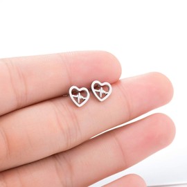 RUIZHEN Open Love Heart Shape Heartbeat EKG Stud Earrings Gift for Nurse (Silver)