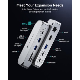 Yottamaster MJ10 1TB External SSD with 10 Ports Extension, USB C Hub with 1TB M.2 NVMe SSD, Up to 1000MB/s, USB C HUB Adapter 10Gbps Support 4K@60Hz HDMI, 100W PD, SD/TF Card Reader, Ethernet