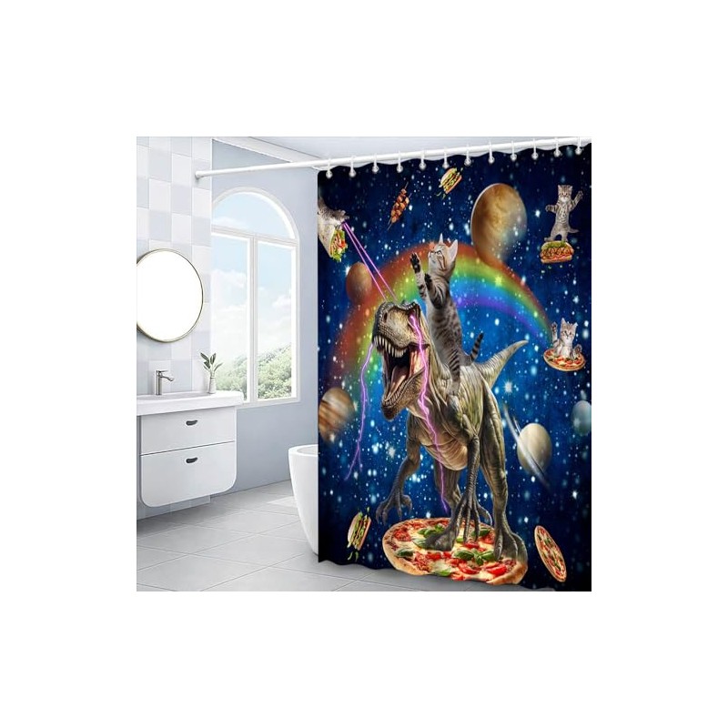 EUBTPA Funny Animal Shower Curtain Fun Cat Riding Dinosaur Fantasy