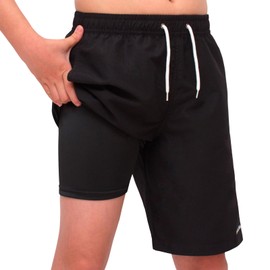 MEILONGER Boys Swim Trunks Boys Swimming Shorts with Compression Liner Quick Dry Stretchy 2 in 1 Board Shorts Size 8,10-12,14-16,18-20 Years(Black,10-12)